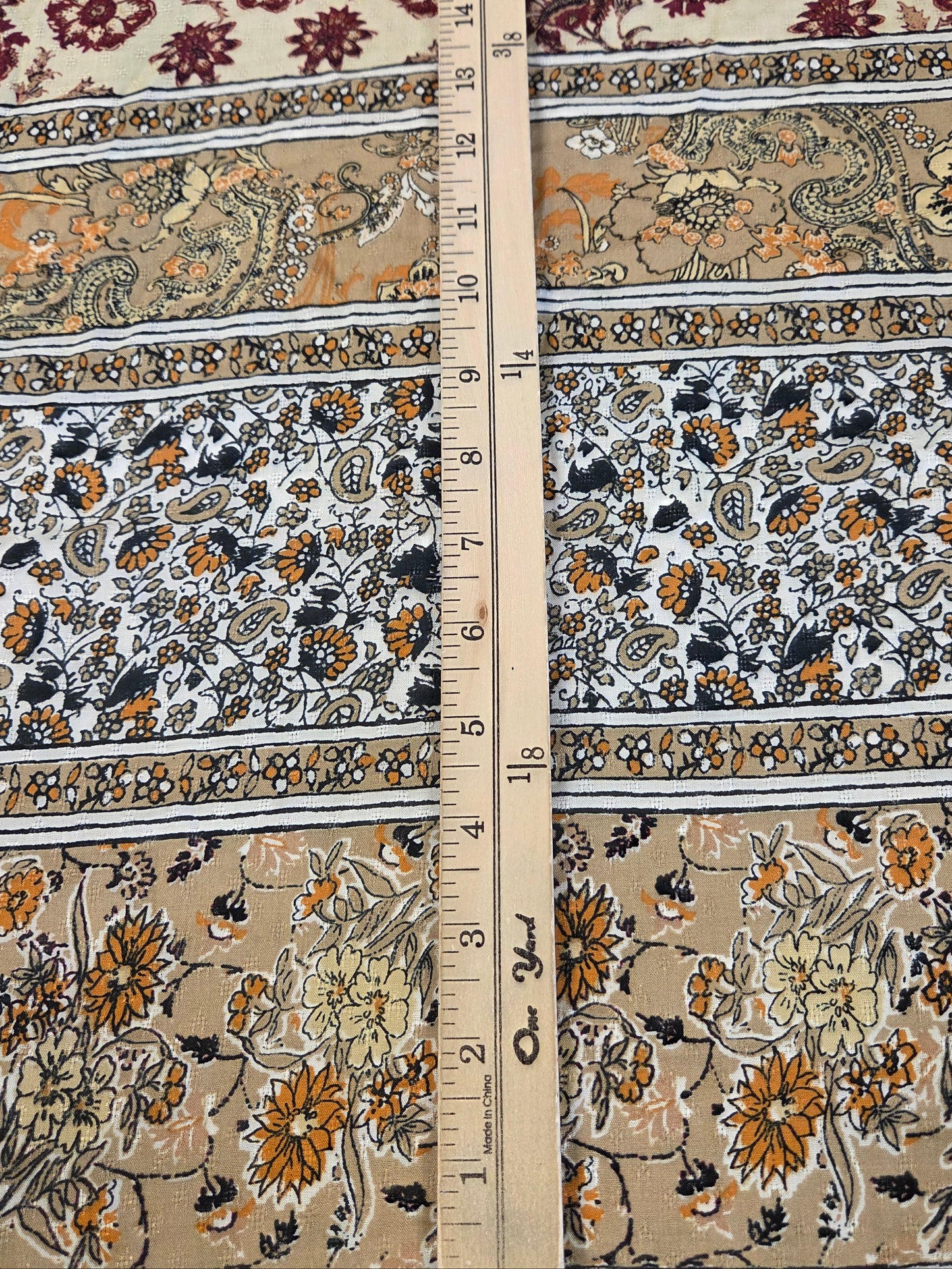Designer Deadstock Textured Clip Dot Bohemian Floral Orange Beige and Navy Voile Woven- by the yard