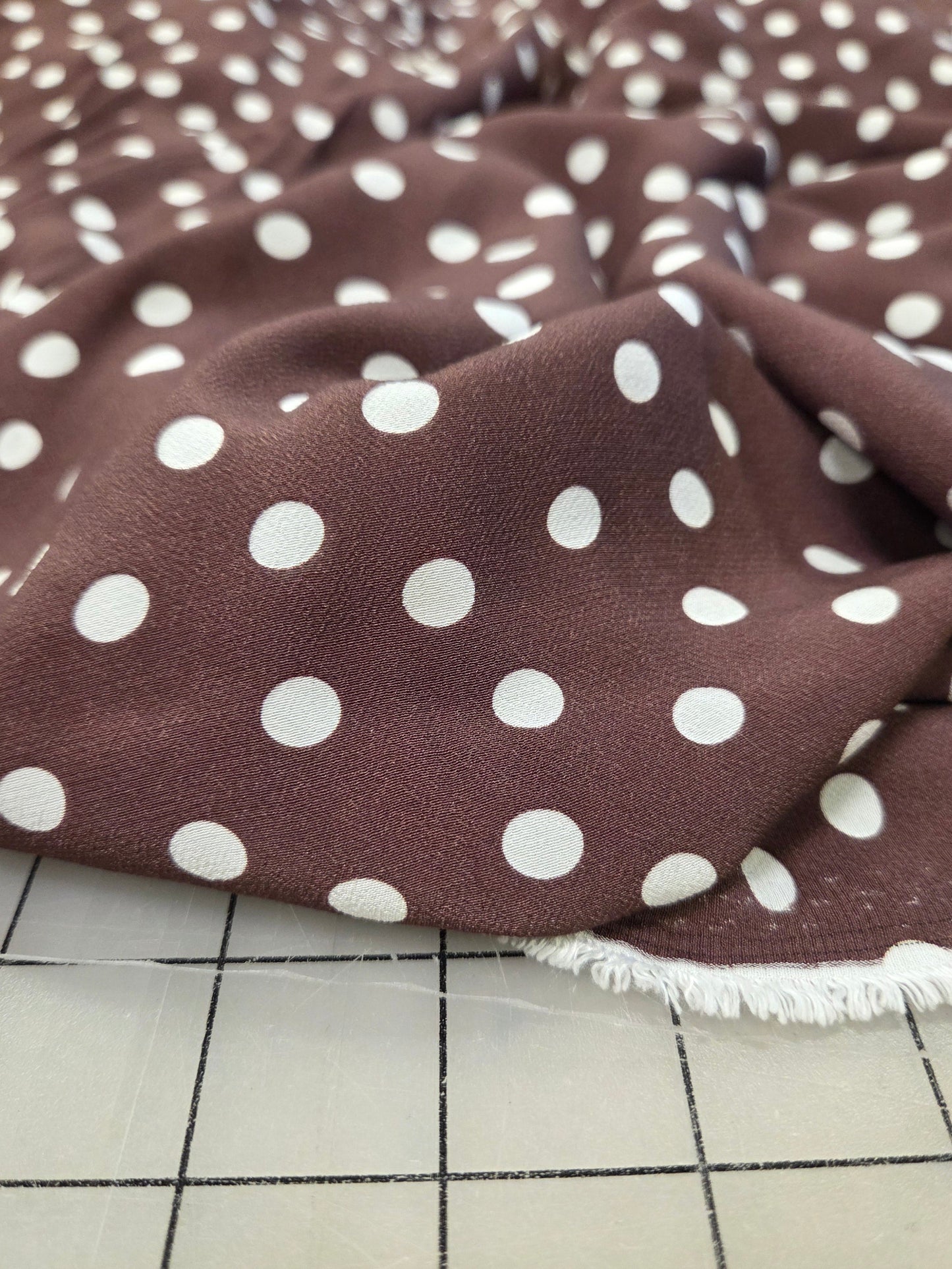 End of Bolt: 3 yards of Lightweight Rayon Crepe Polka Dot Brown and Ivory Woven-remnant