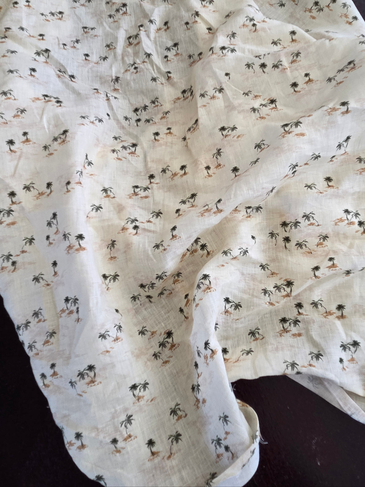 Designer Deadstock Palm Tree Beachy Vibes Cream Beige 100% Linen Woven- by the yard