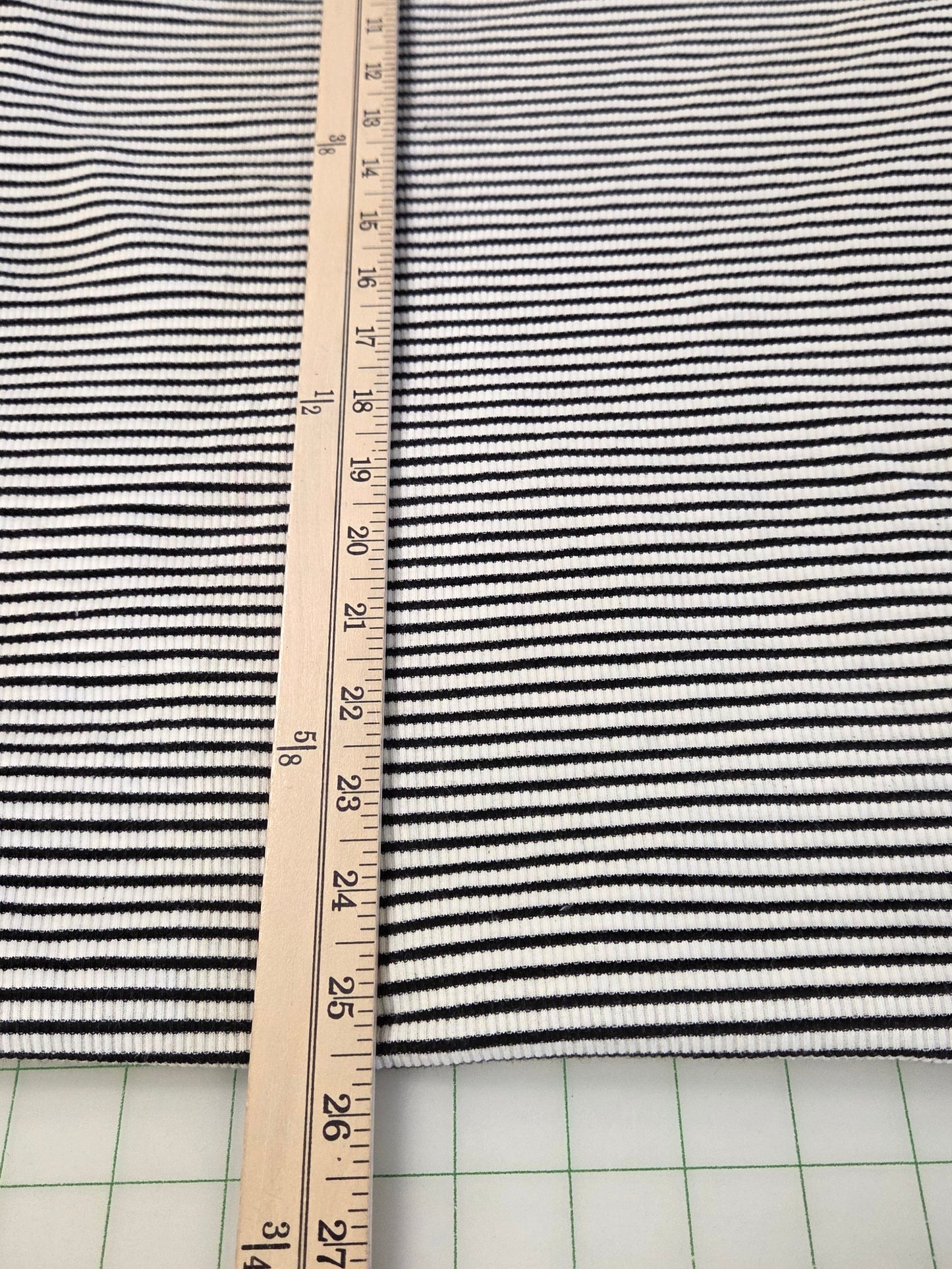 Designer Deadstock Cotton Rayon Spandex Rib Knit White and Black Horizontal Small Stripe- by the yard