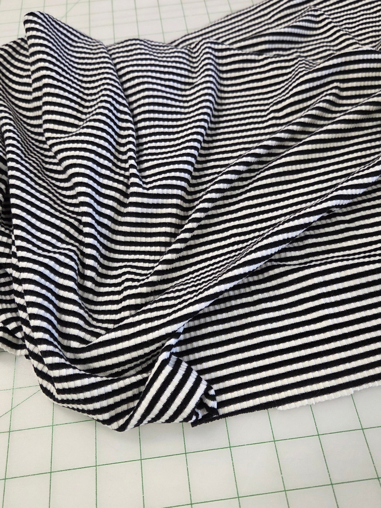 Designer Deadstock Cotton Rayon Spandex Rib Knit Black and White Horizontal Small Stripe- by the yard