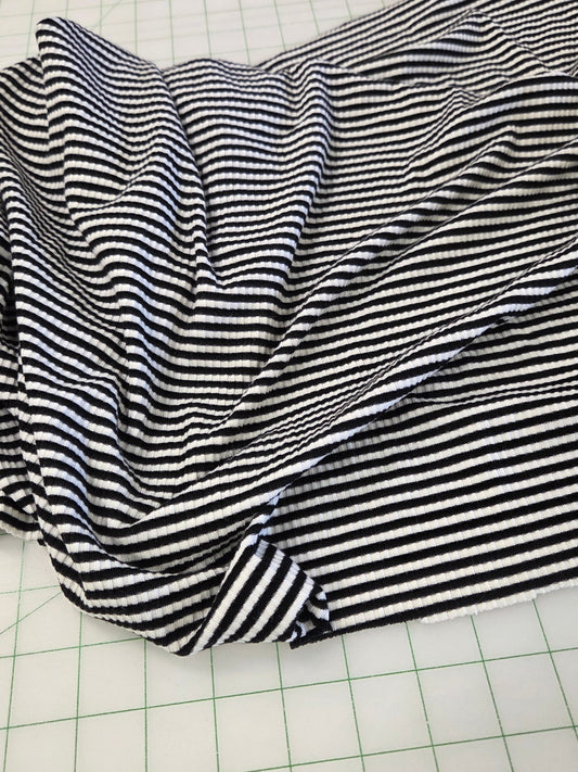 Designer Deadstock Cotton Rayon Spandex Rib Knit Black and White Horizontal Small Stripe- by the yard