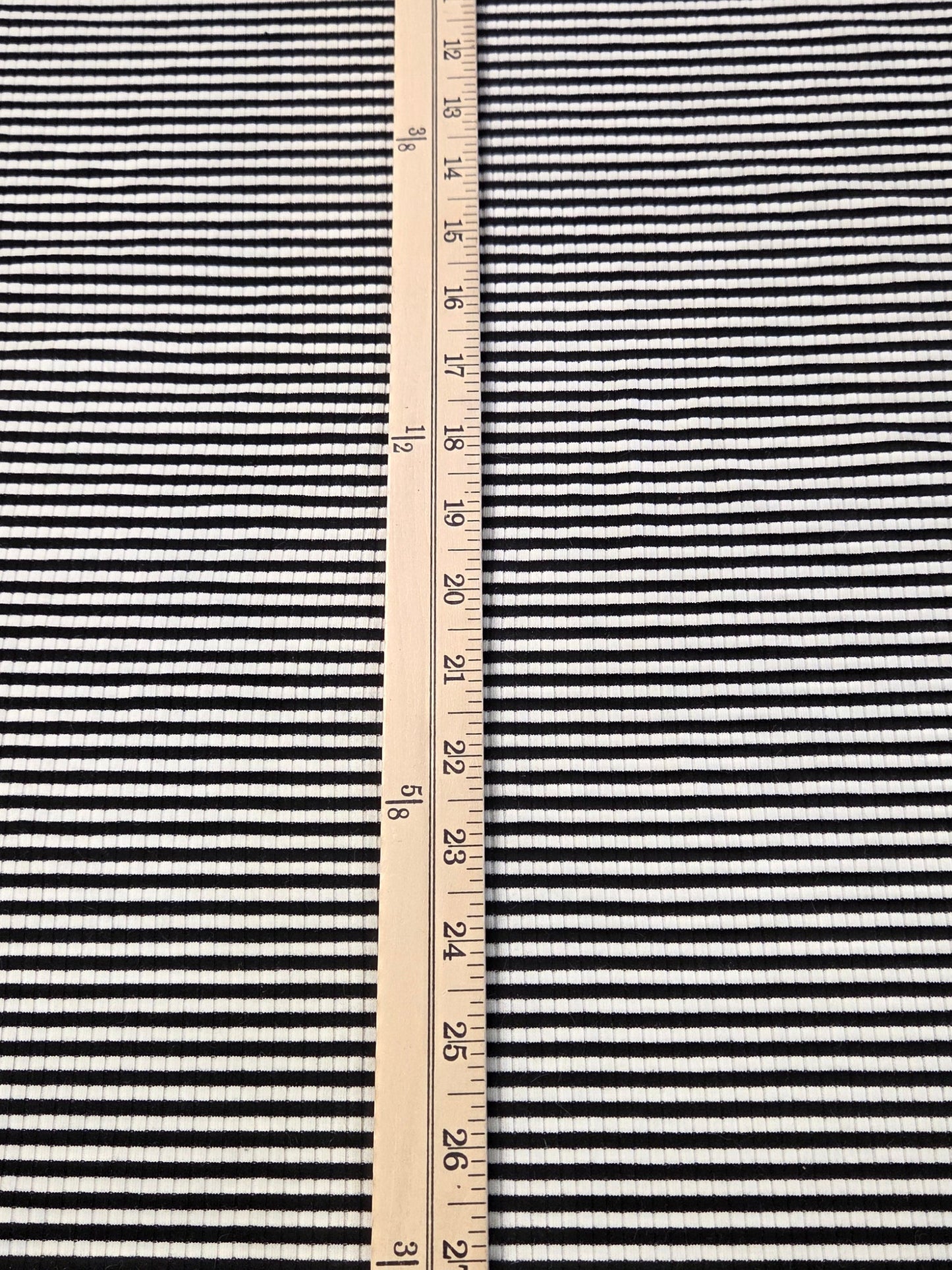 Designer Deadstock Cotton Rayon Spandex Rib Knit Black and White Horizontal Small Stripe- by the yard