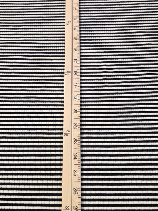 Designer Deadstock Cotton Rayon Spandex Rib Knit Black and White Horizontal Small Stripe- by the yard