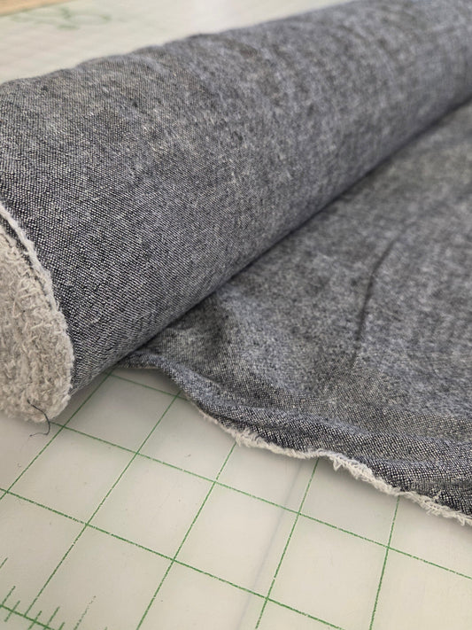 Designer Deadstock Hemp Cotton Washed In Two Tone Black Pepper Solid Opaque Woven- by the yard