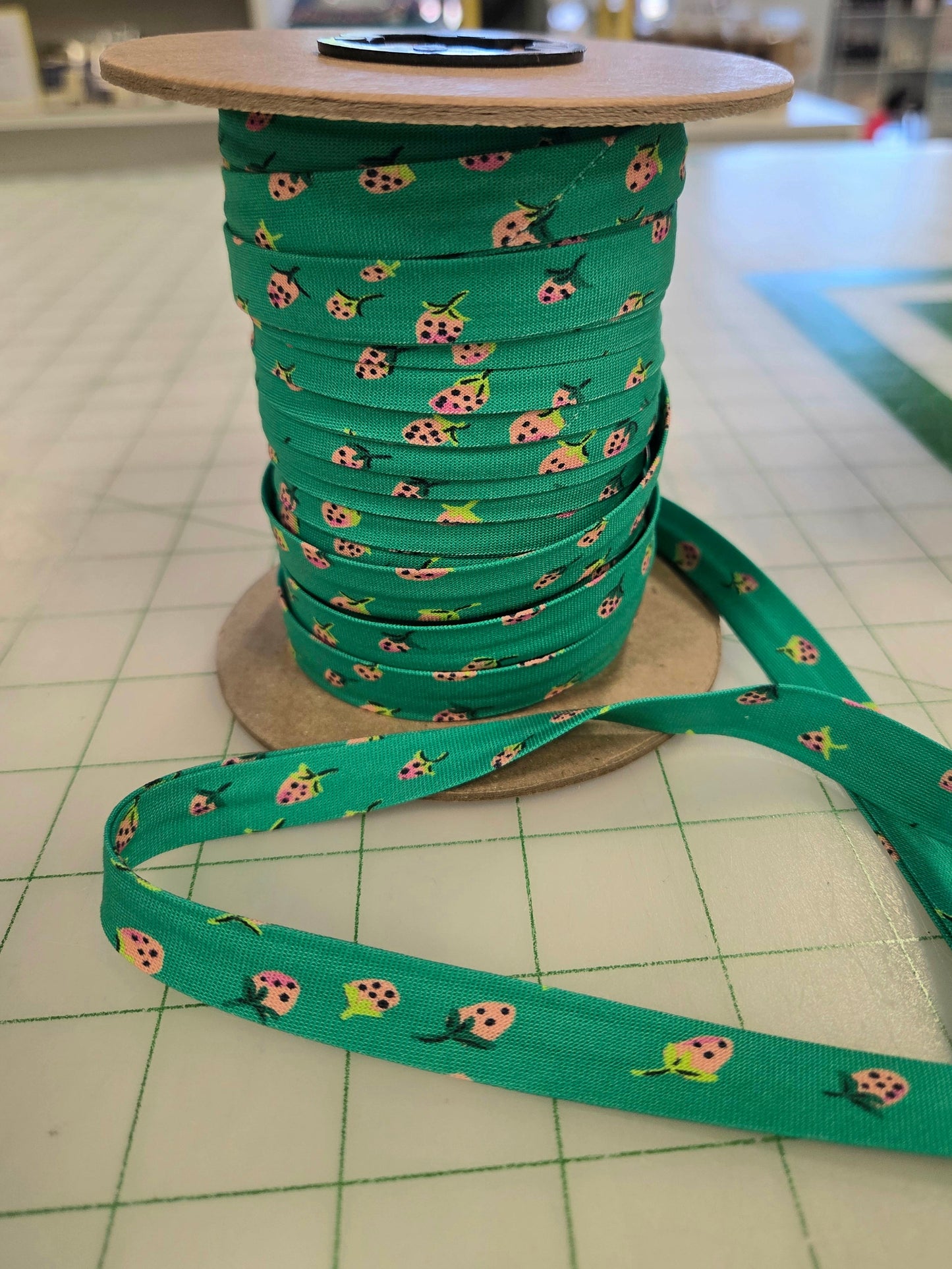 Web Only Sewing Supplies: 1/2" Double Fold Bias Binding- Field Strawberries Jade 100% Cotton- by the yard