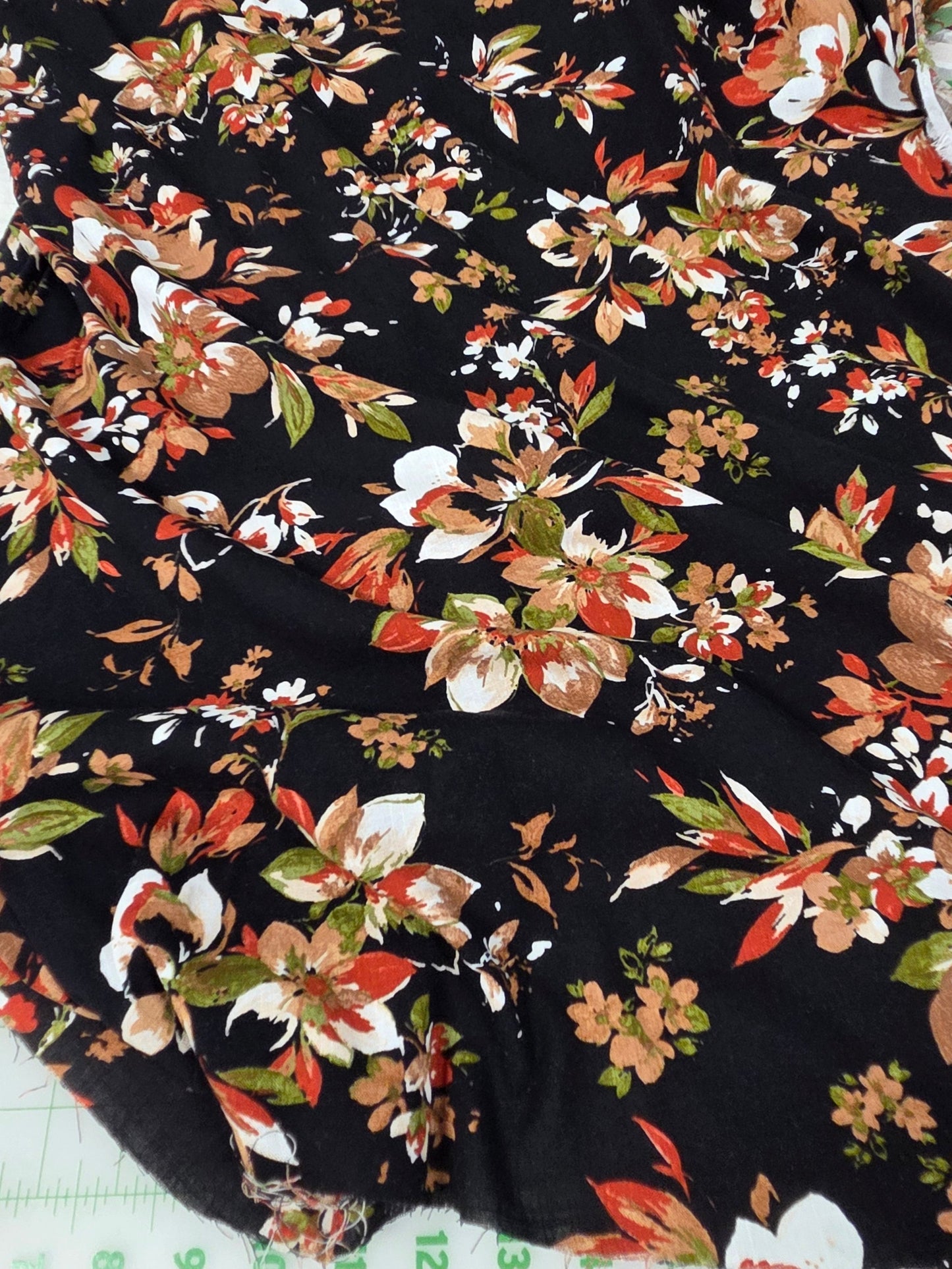 Fall Floral Black and Rust Rayon Blend Cross Hatch Weave Soft Woven- by the yard