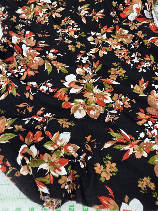 Fall Floral Black and Rust Rayon Blend Cross Hatch Weave Soft Woven- by the yard