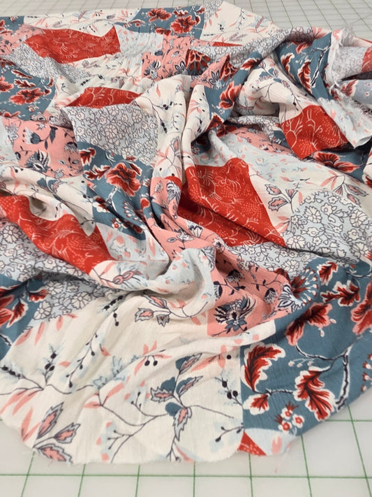 Fall Rayon Cottage Core Patchwork Red and Pink Floral Crinkle Gauze Woven - by the yard