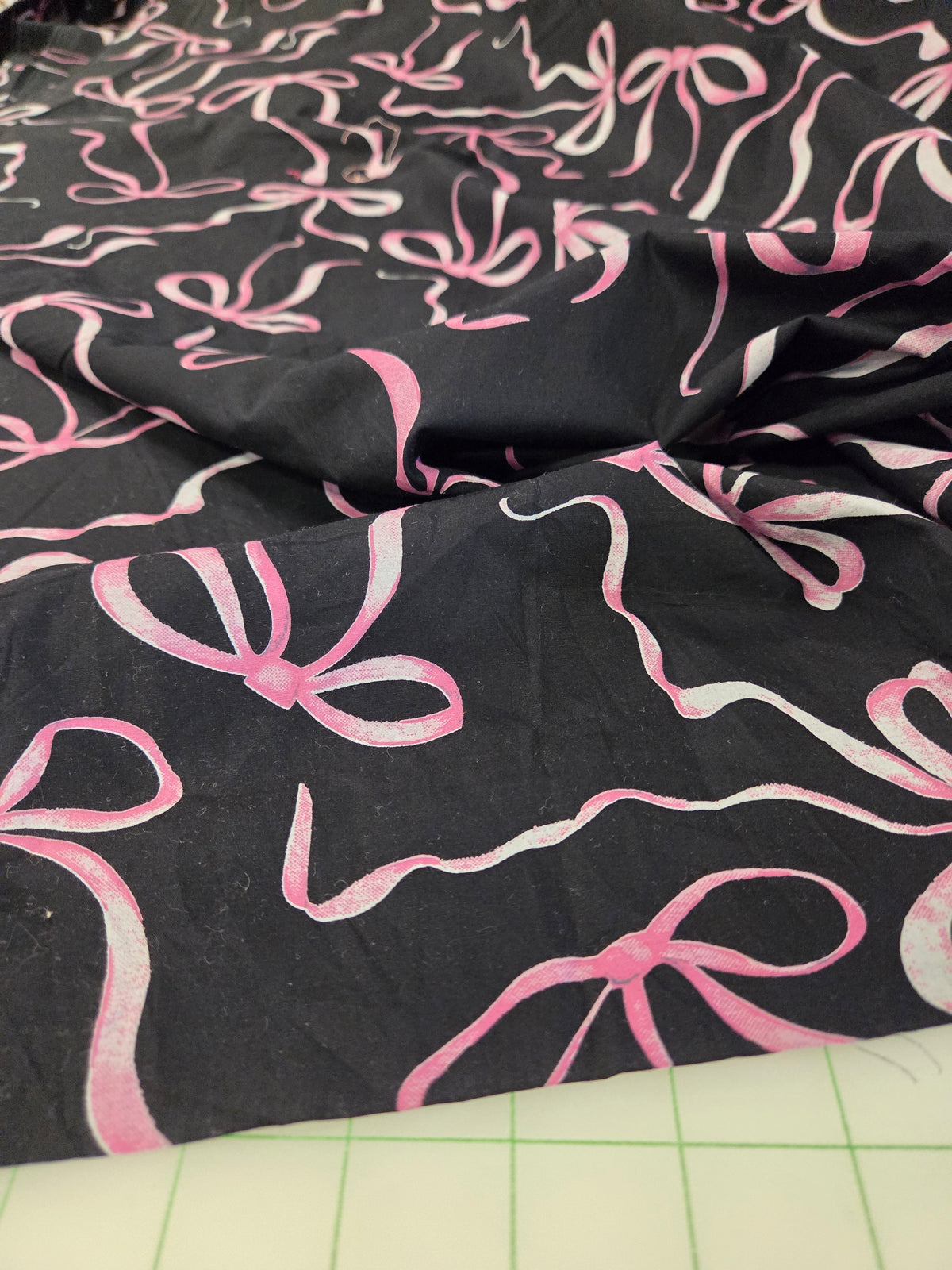 Designer Deadstock Cotton Spandex Pink Bows Poplin Woven Black - by the yard