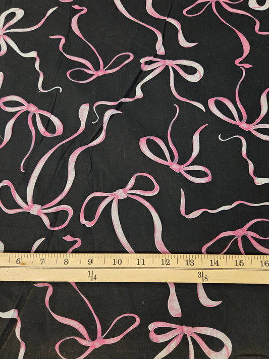 Designer Deadstock Cotton Spandex Pink Bows Poplin Woven Black - by the yard