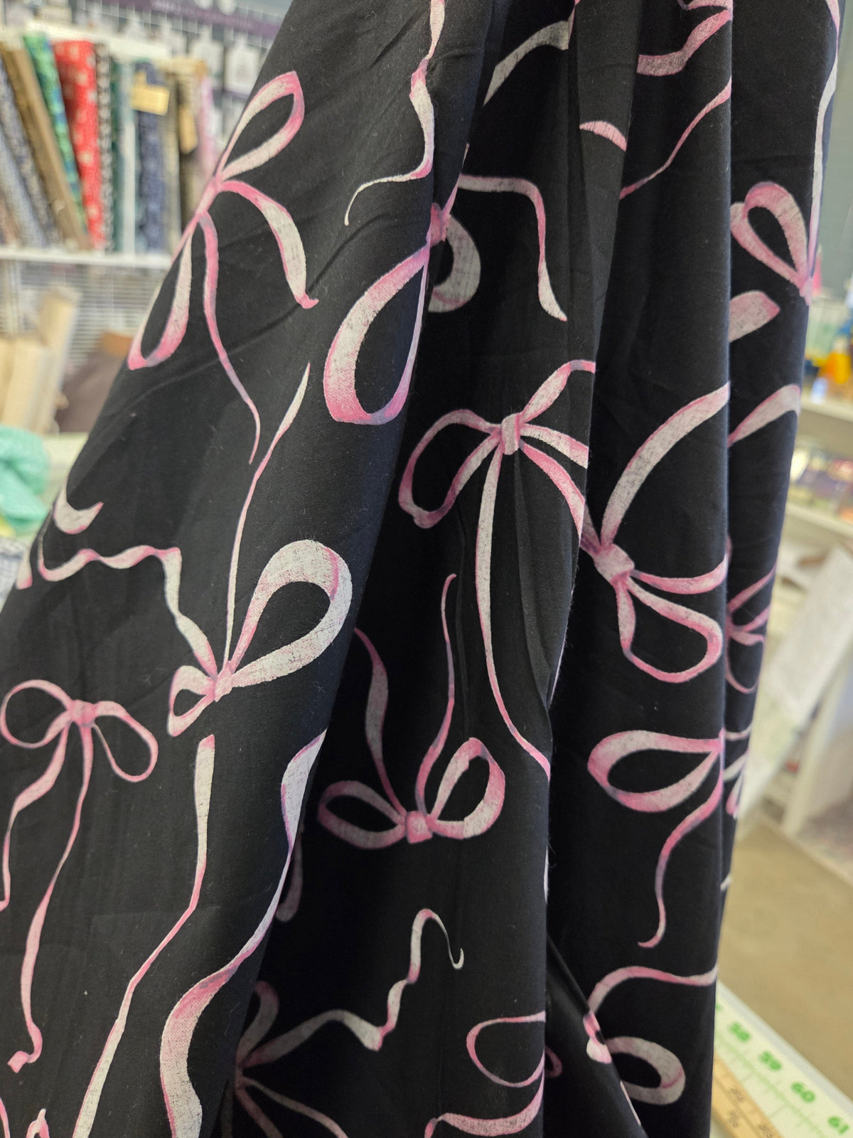 Designer Deadstock Cotton Spandex Pink Bows Poplin Woven Black - by the yard