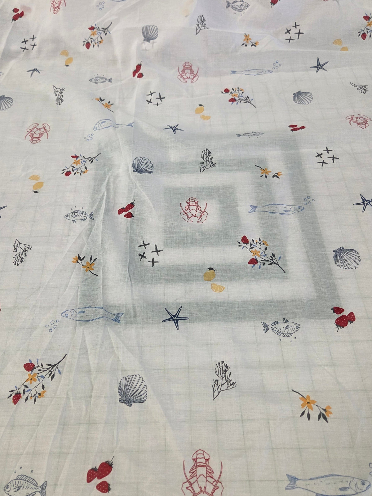 Designer Deadstock Lobster, Fish, Strawberries, and Lemons Coastal Cotton White Voile Woven- by the yard