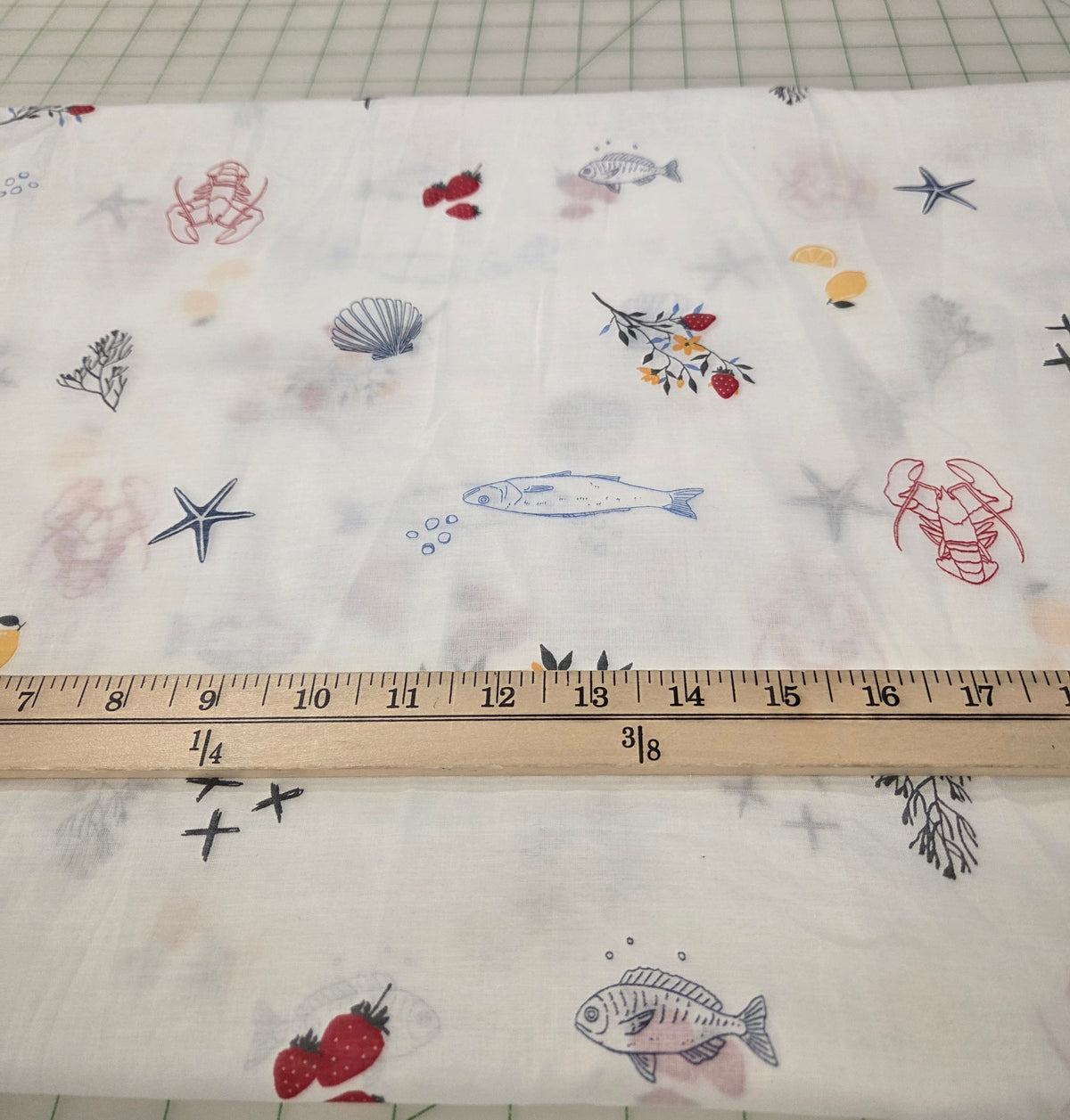 Designer Deadstock Lobster, Fish, Strawberries, and Lemons Coastal Cotton White Voile Woven- by the yard