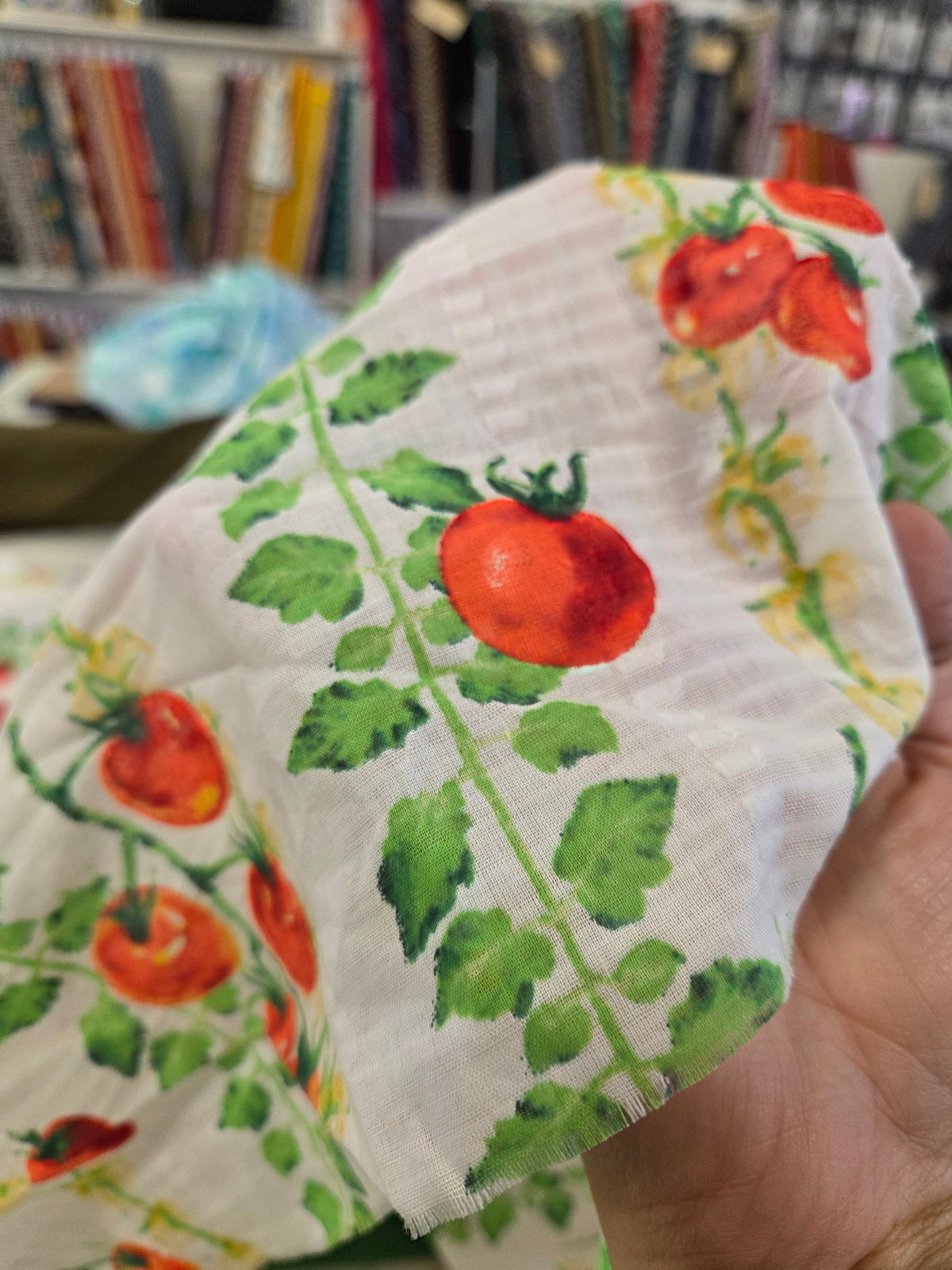 A close-up of a hand holding a white gauze fabric with a watercolor-style print of red tomatoes on green vines, with a blurred bookshelf in the background.