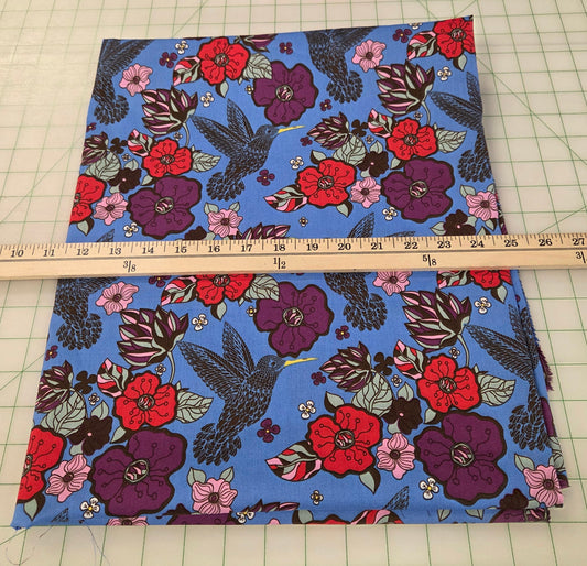 Designer Deadstock Hummingbird and Florals Cotton Spandex Poplin- by the yard