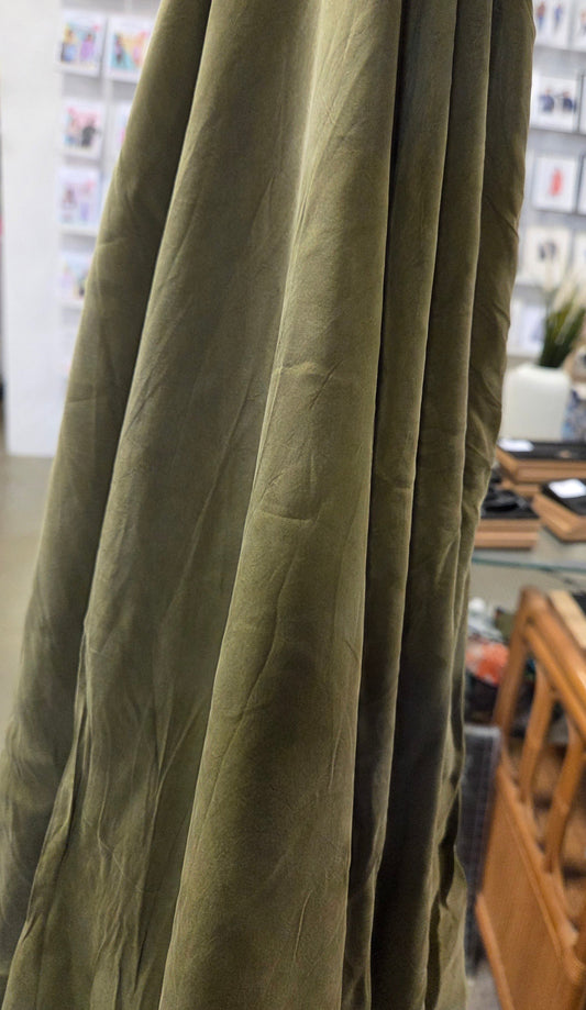 Designer Deadstock Olive Lightweight Cupro Sandwashed Solid Woven by the yard