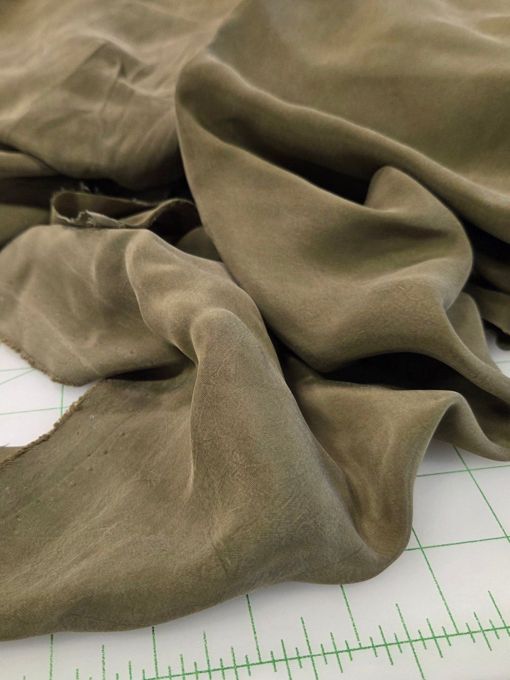 Designer Deadstock Olive Lightweight Cupro Sandwashed Solid Woven by the yard