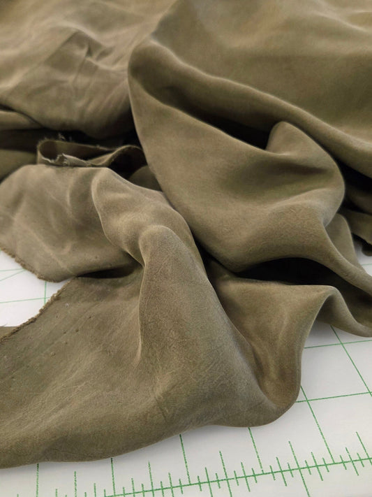 Designer Deadstock Olive Lightweight Cupro Sandwashed Solid Woven by the yard