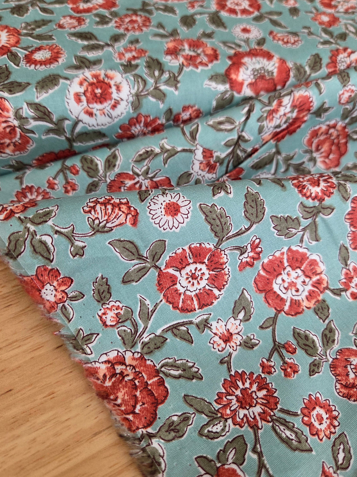 Cotton Poplin Mint Cottage Clay Red Floral Woven- by  the yard
