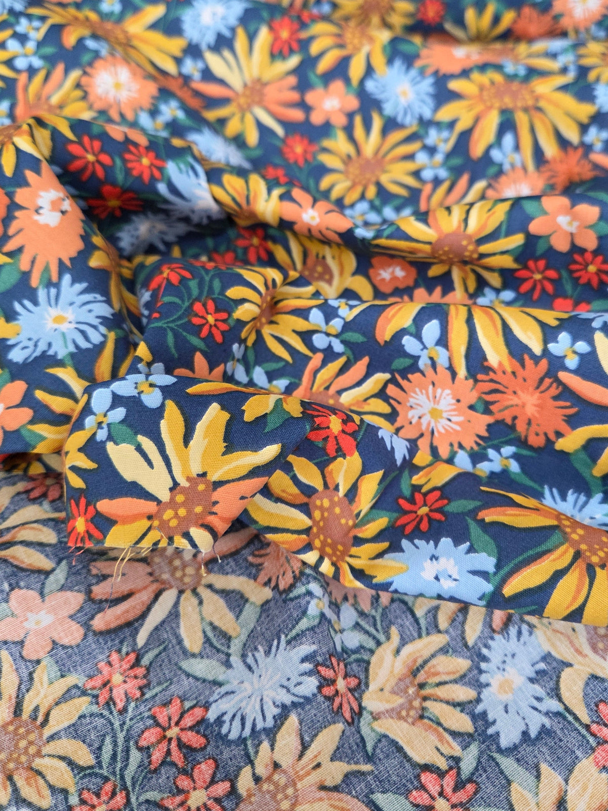 Cotton Poplin Yellow and Blue Scattered Floral Woven- by the yard