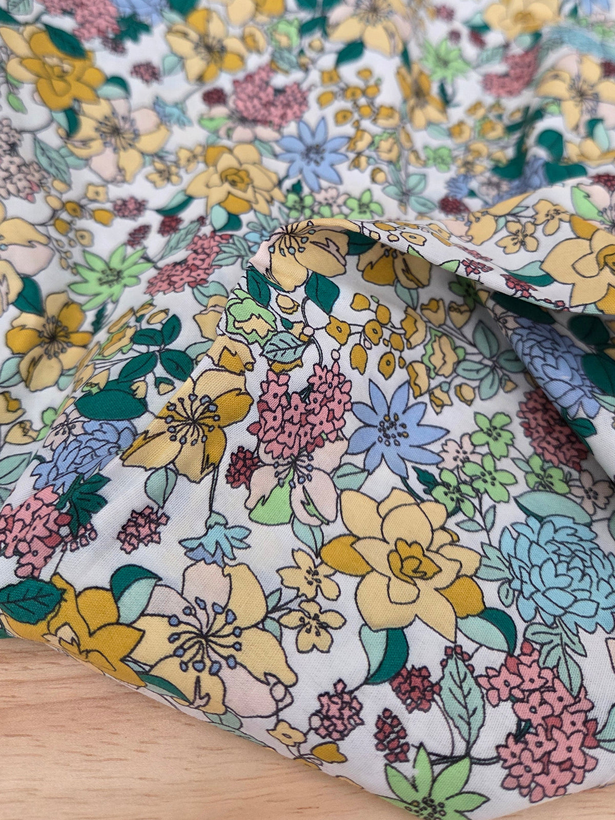 Cotton Poplin Yellow and Green Floral Vintage Woven- by the yard