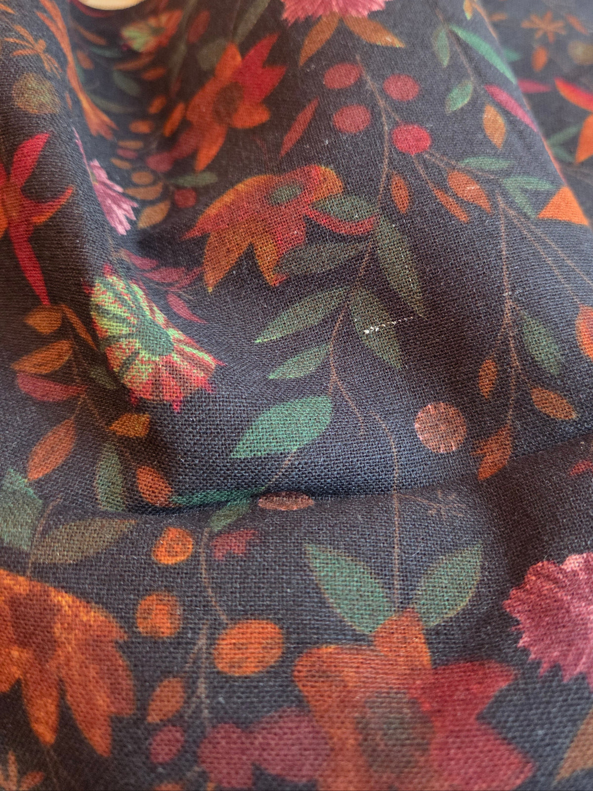 Cotton Linen Dark Navy Autumn Meadow Burgundy Florals Woven- by the yard
