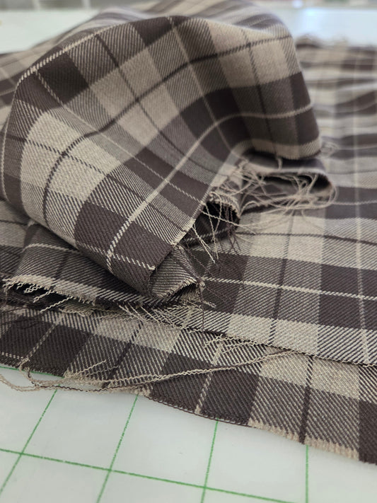Italian Designer Deadstock Wool Blend Stretch Suiting Brown Plaid Woven- by the yard