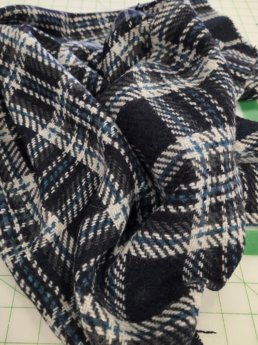 Italian Designer Deadstock Plaid Dark Navy and Cream Wool Blend Woven-by the yard