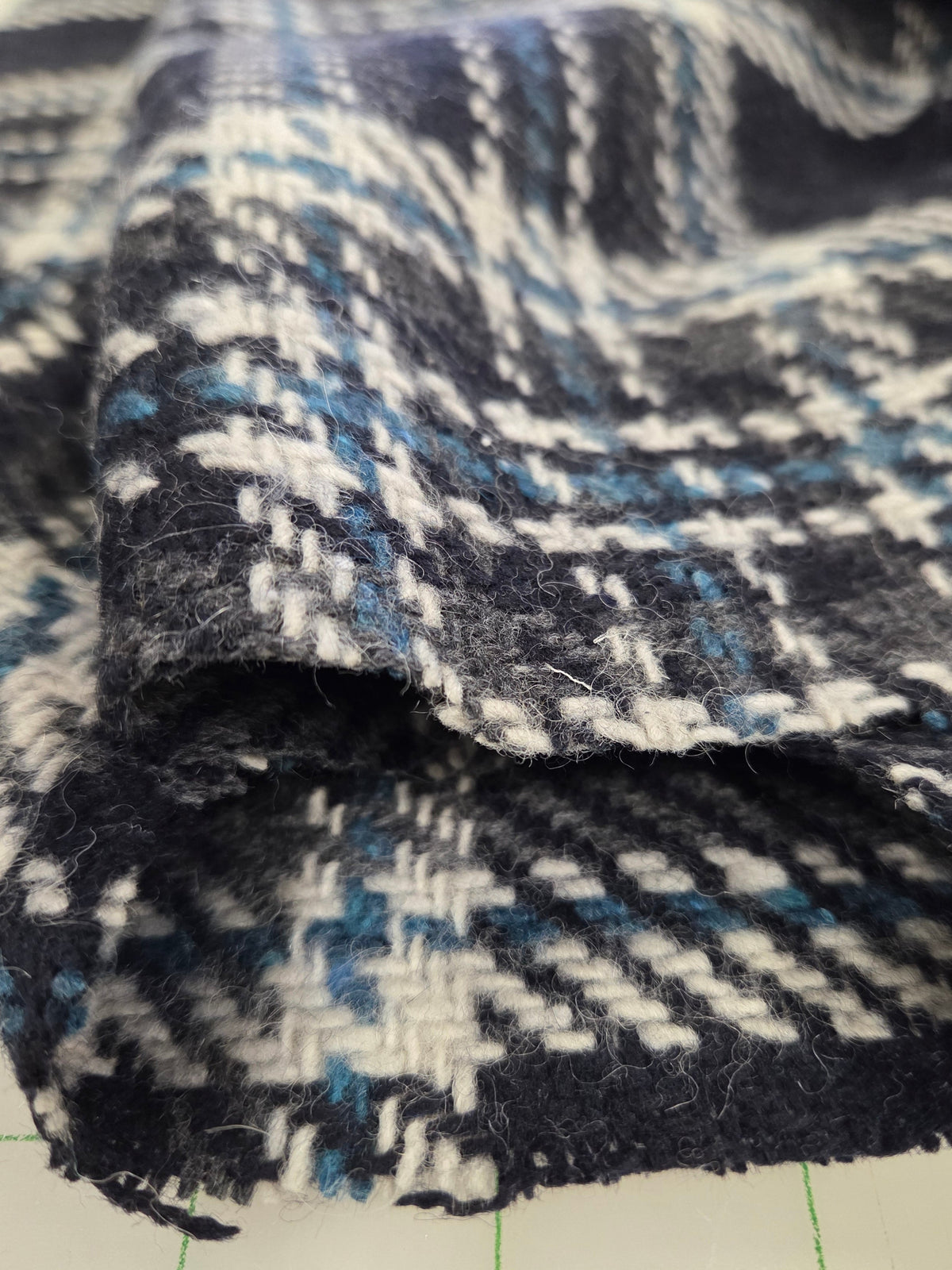 Italian Designer Deadstock Plaid Dark Navy and Cream Wool Blend Woven-by the yard