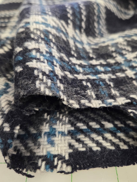 Italian Designer Deadstock Plaid Dark Navy and Cream Wool Blend Woven-by the yard