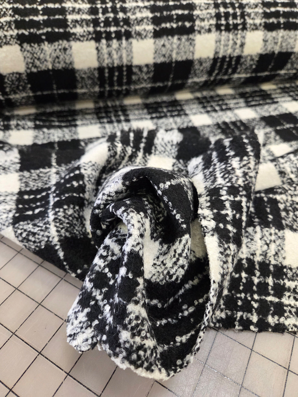 Italian Designer Deadstock Black and White Plaid Boucle Brushed Wool Blend Coating Woven- by the yard