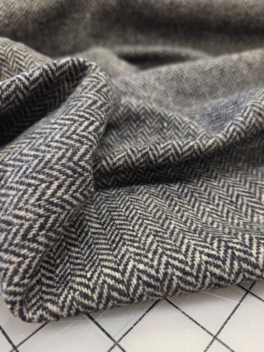 Italian Designer Deadstock Wool Blend Herringbone Black and Tan Lightweight Brushed Coating Woven- by the yard