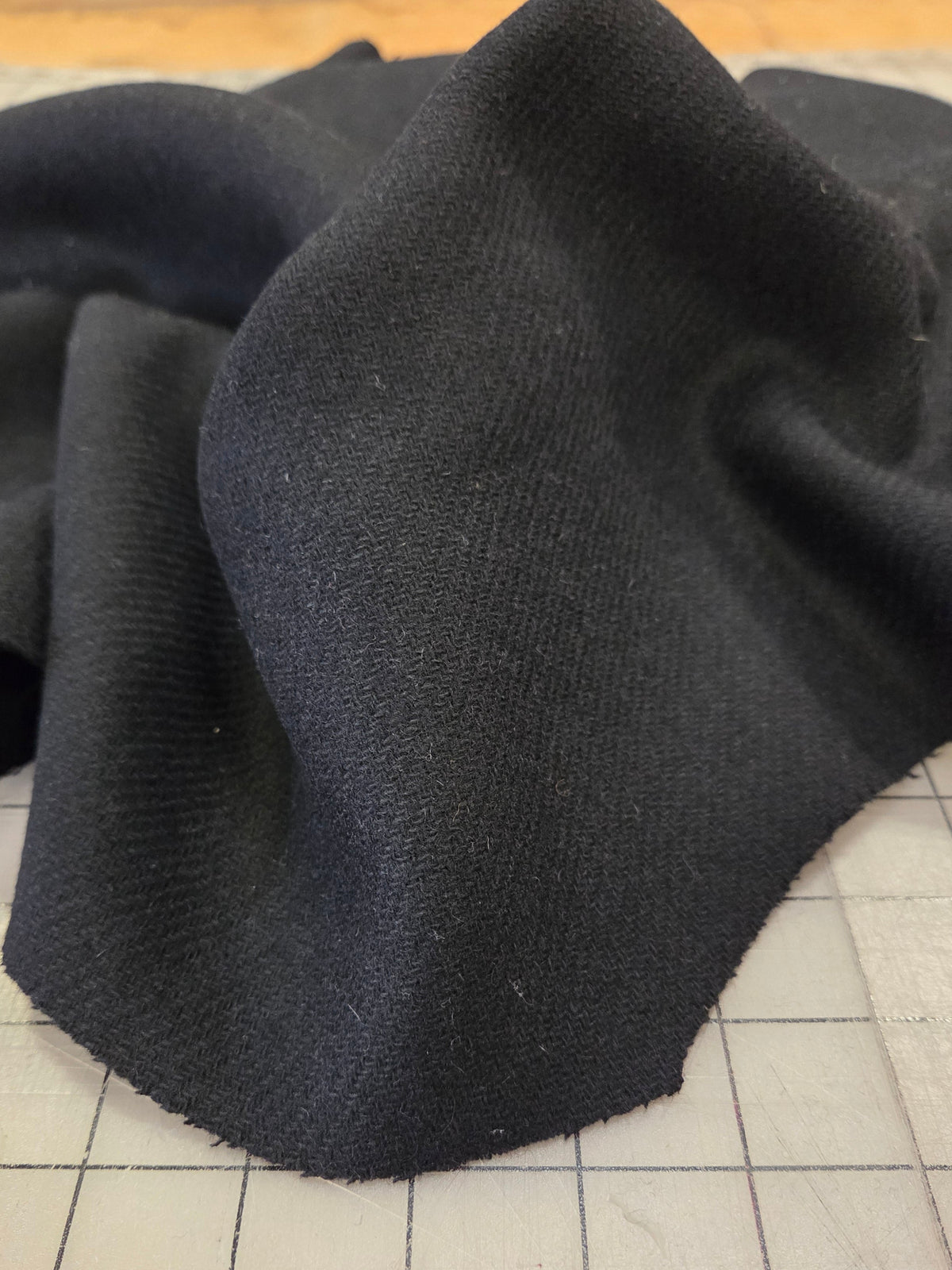 Italian Designer Deadstock Diagonal Weave Textured Black Wool Blend Coating Solid- by the yard