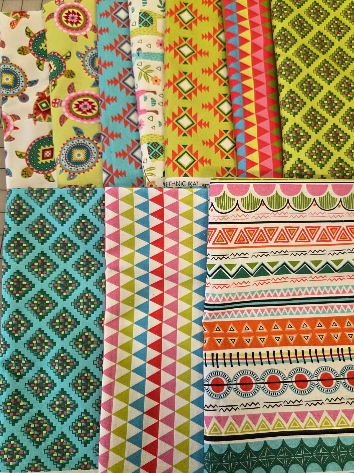 Online Quilting Bundle: 10 yard of Culture Club Michael Miller Stripes, Ikat, Painted Turtles, Ilamas- As pictured ( 10 prints)