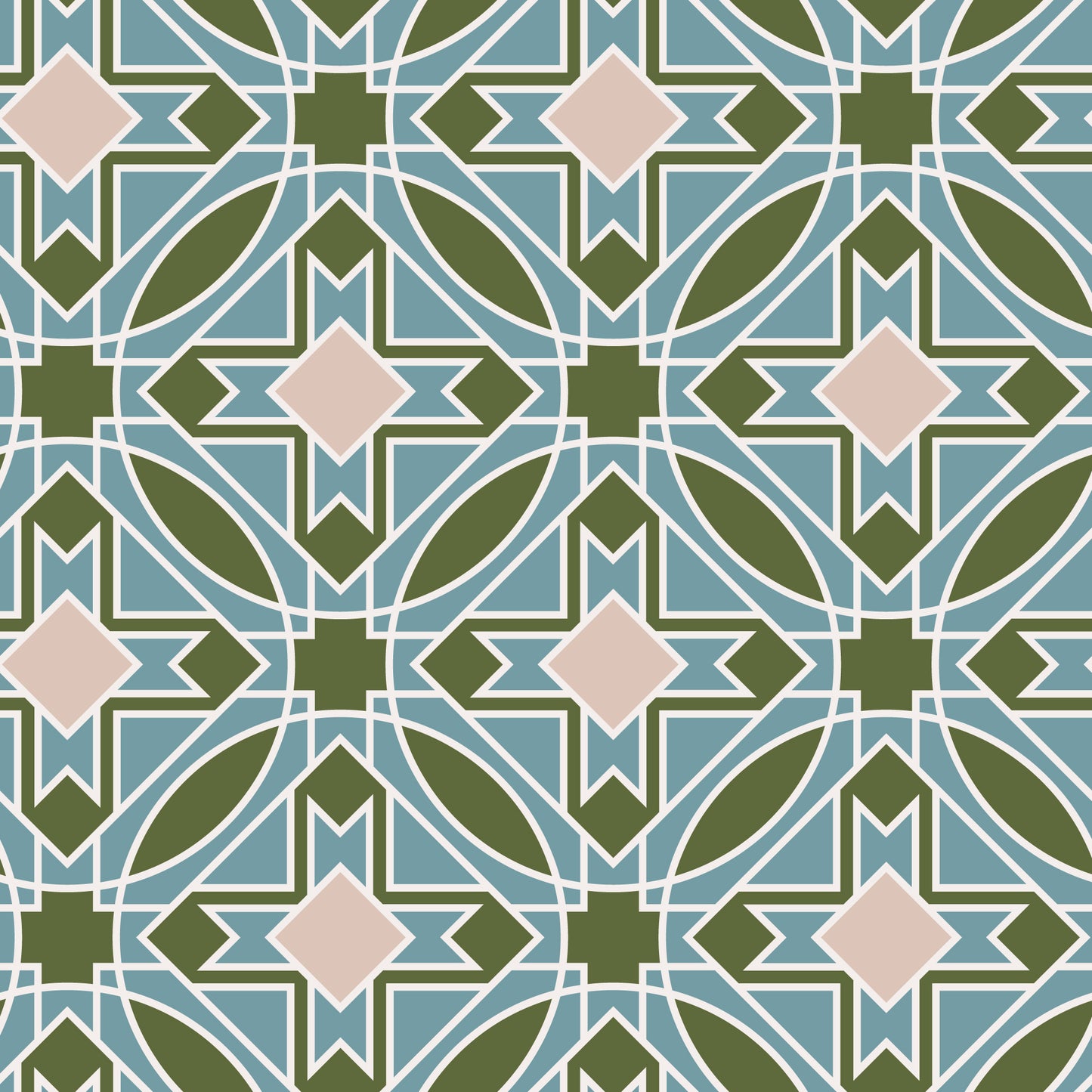 Geometric pattern with green, pink, and blue colors on a blue background. frank llyod wright