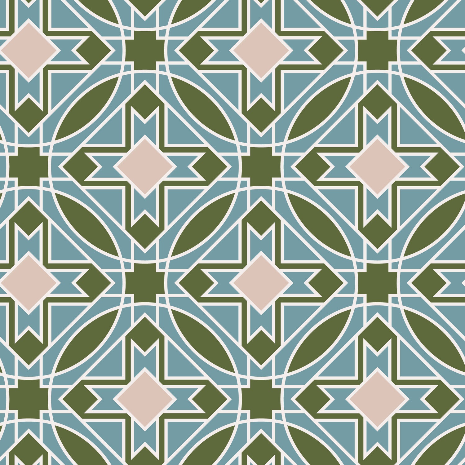 Geometric pattern with green, pink, and blue colors on a blue background. frank llyod wright