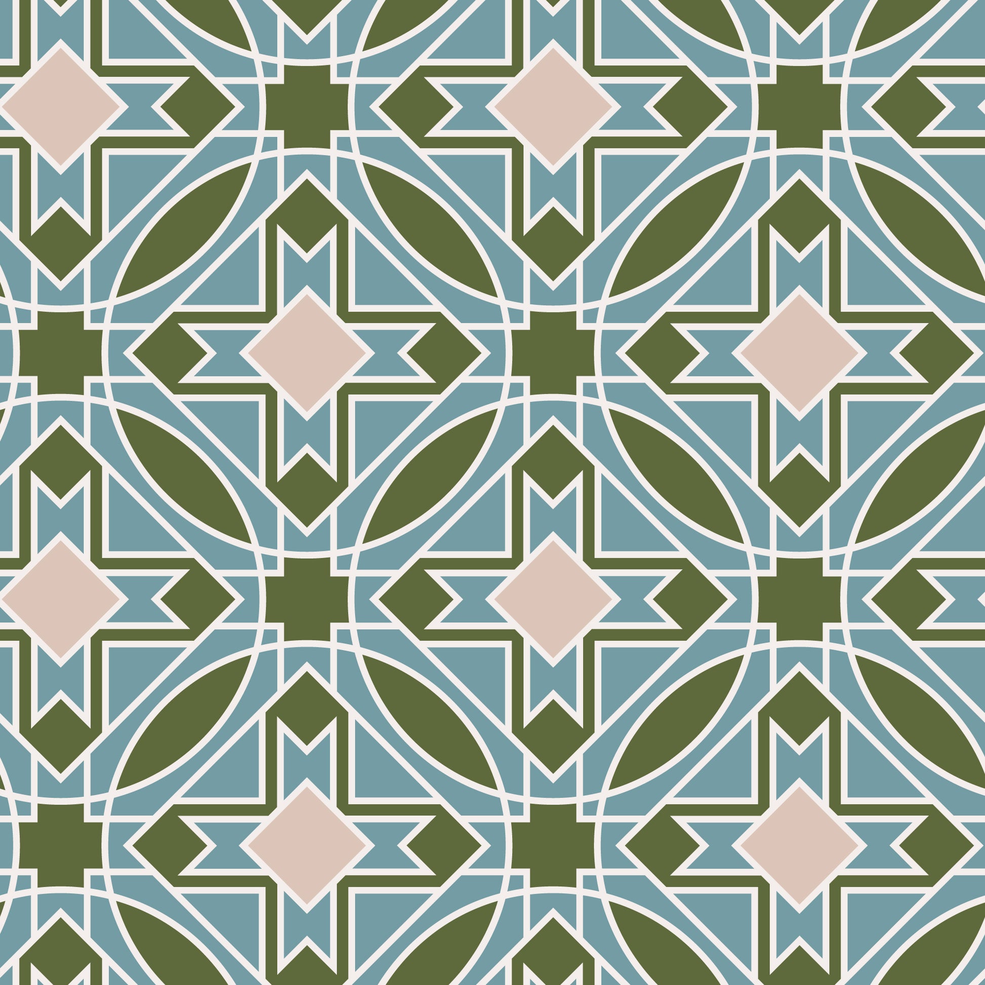 Geometric pattern with green, pink, and blue colors on a blue background. frank llyod wright