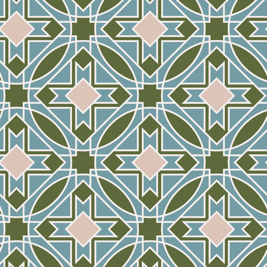 Geometric pattern with green, pink, and blue colors on a blue background. frank llyod wright