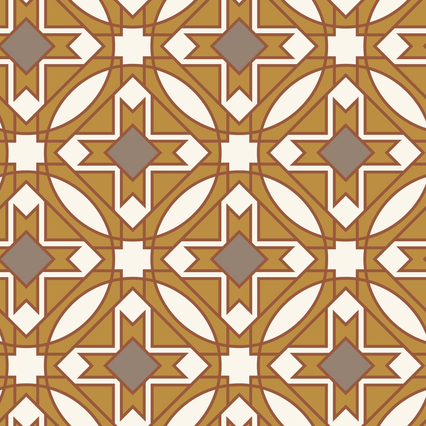 Geometric pattern with brown, beige, and white colors on a brown background. Frank LLoyd Wright