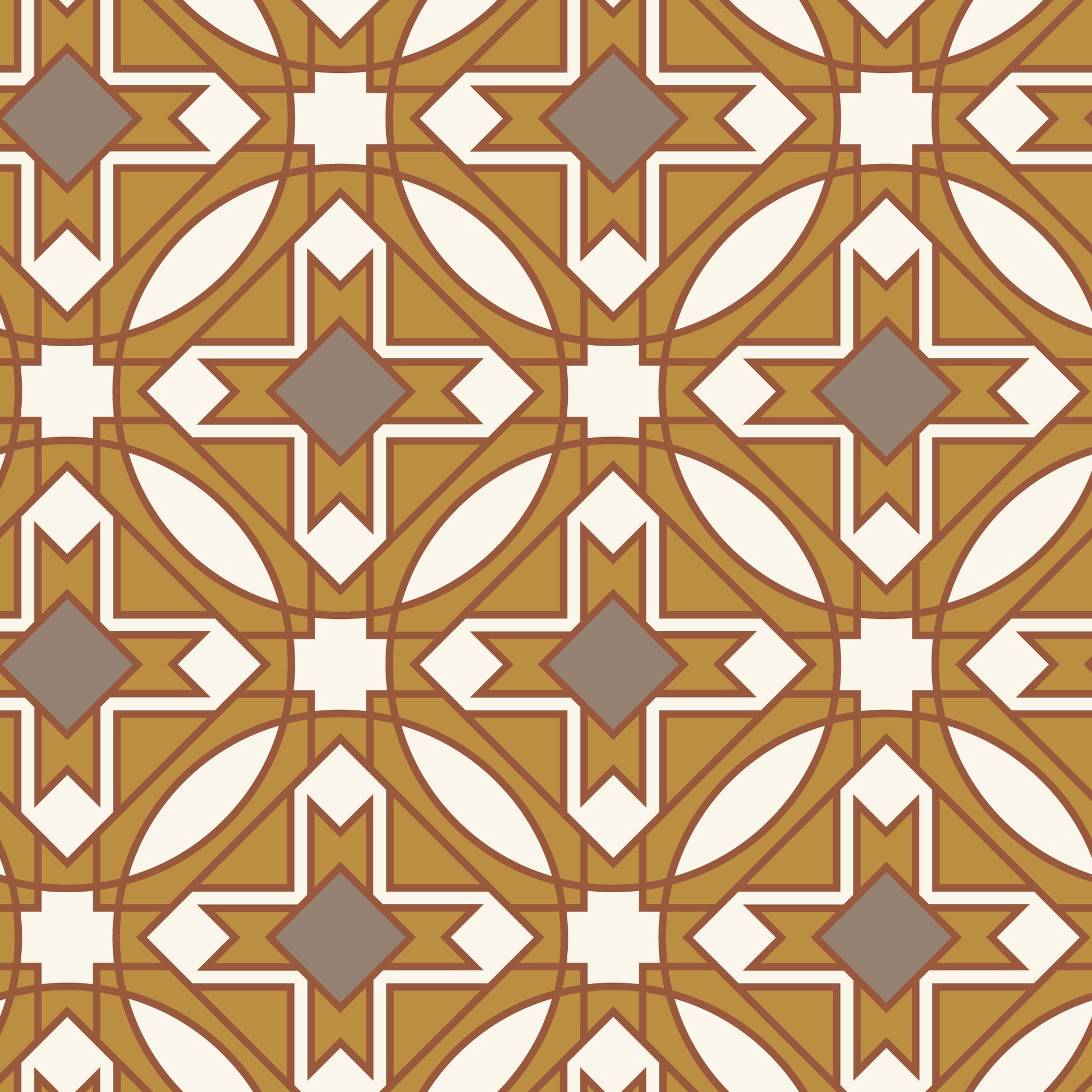 Geometric pattern with brown, beige, and white colors on a brown background. Frank LLoyd Wright