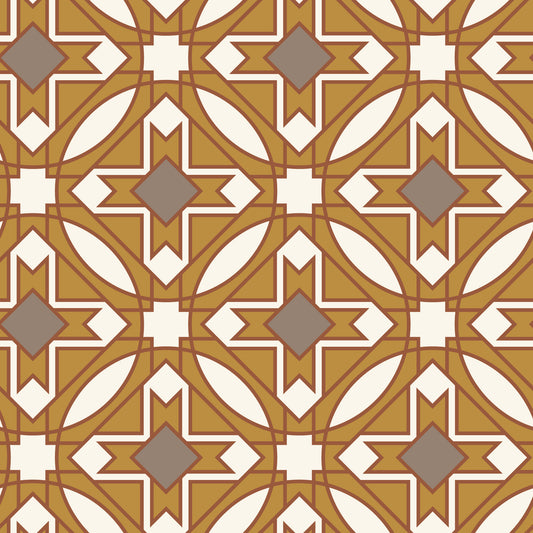 Geometric pattern with brown, beige, and white colors on a brown background. Frank LLoyd Wright