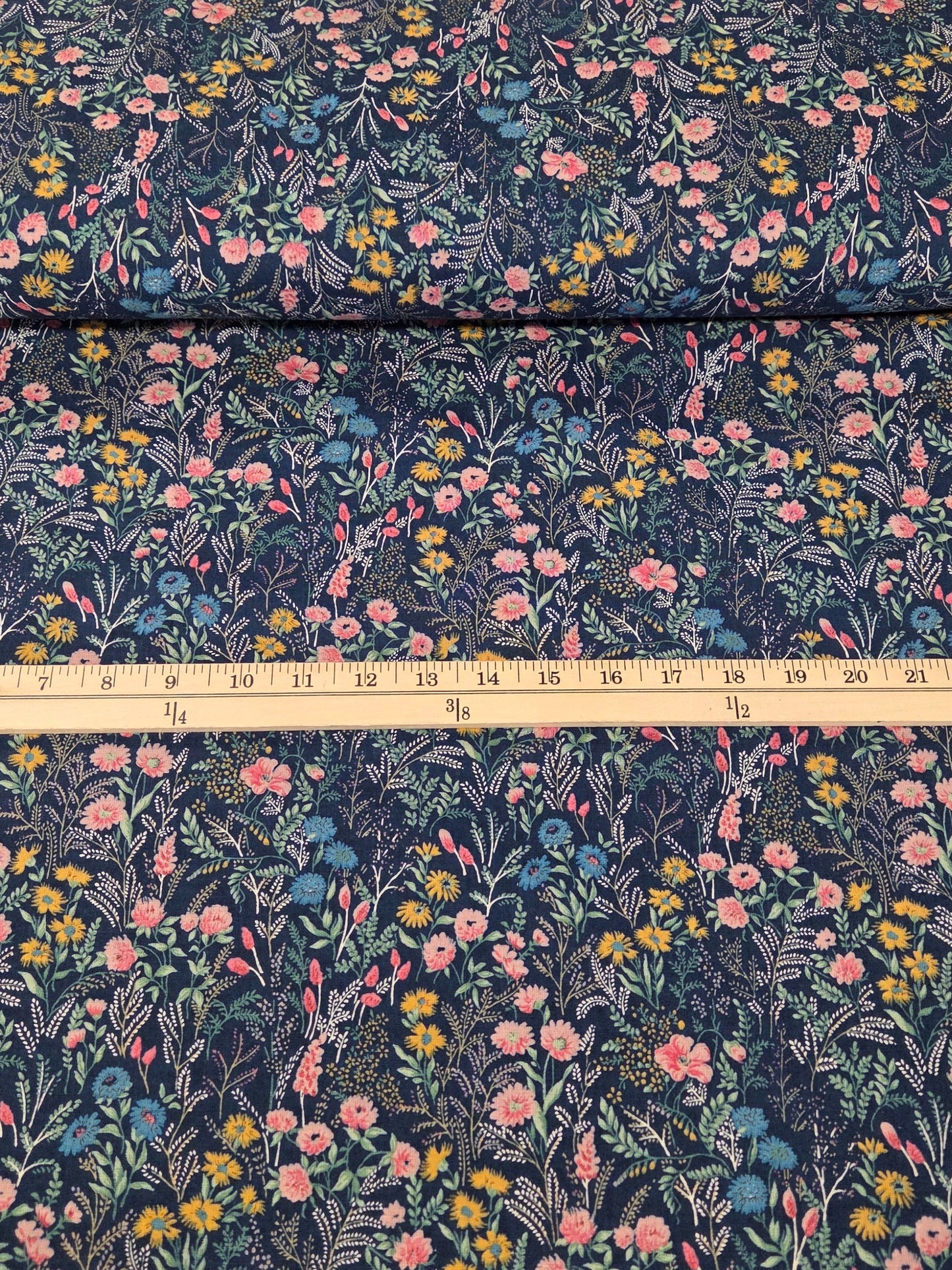 Japan Fabric: Cotton Linen Meadow Floral Medium Navy and Yellow Woven- by the yard