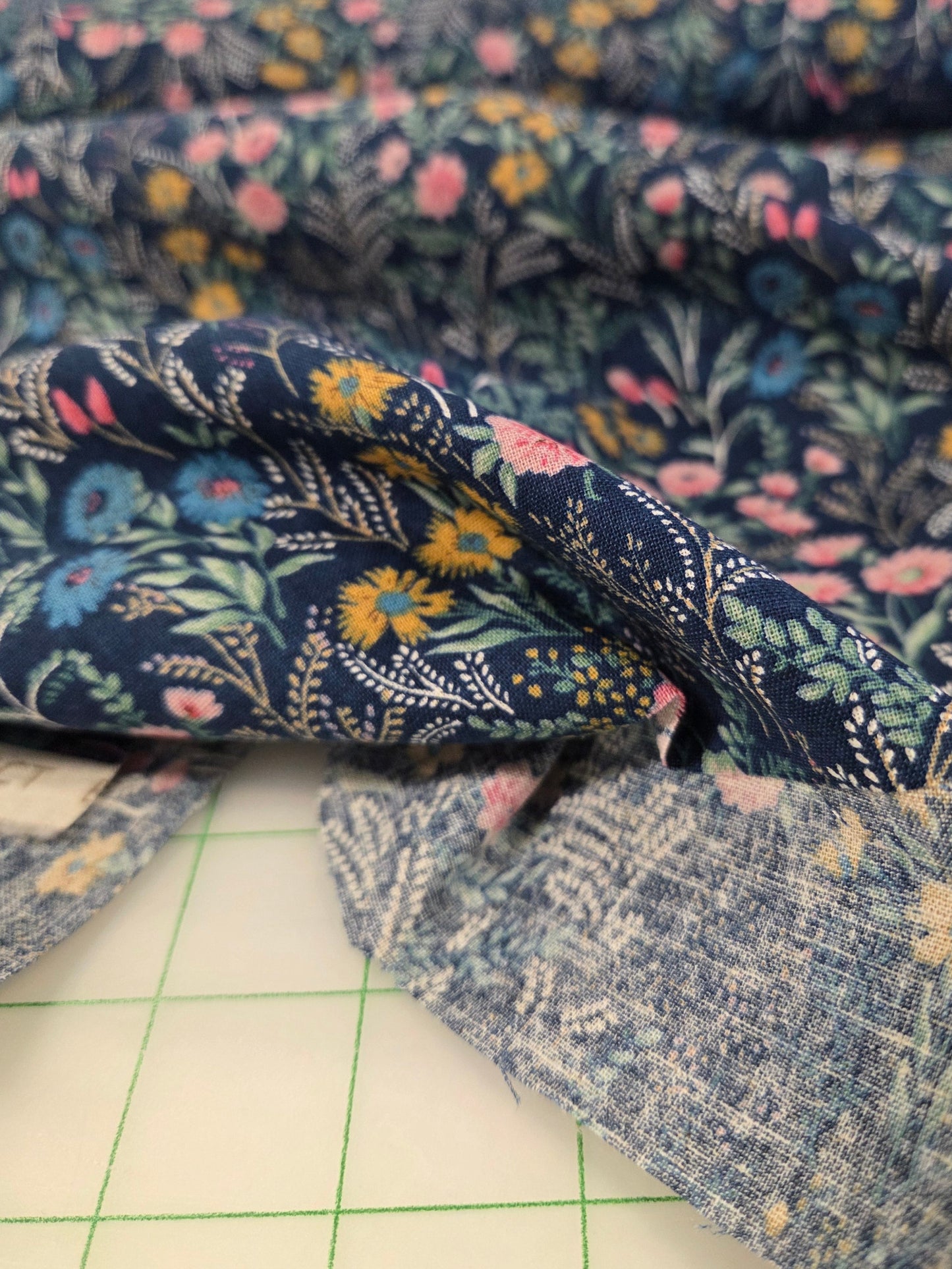 Japan Fabric: Cotton Linen Meadow Floral Medium Navy and Yellow Woven- by the yard