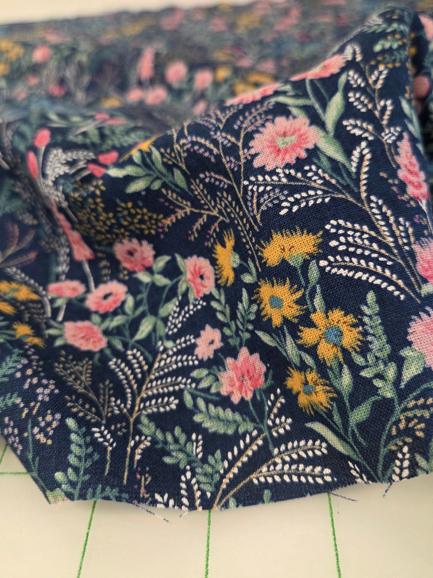 Japan Fabric: Cotton Linen Meadow Floral Medium Navy and Yellow Woven- by the yard
