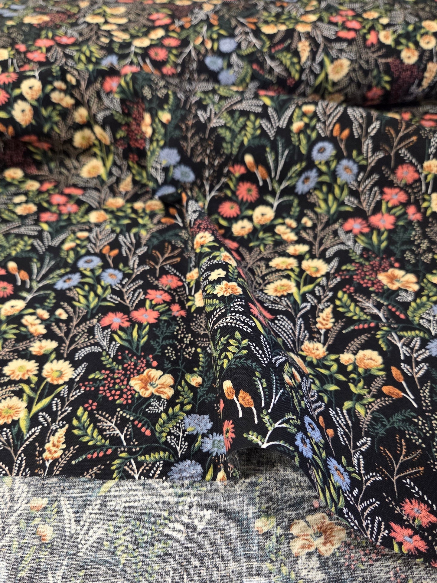 Japan Fabric: Cotton Linen Meadow Floral Dark Navy and Coral Woven- by the yard
