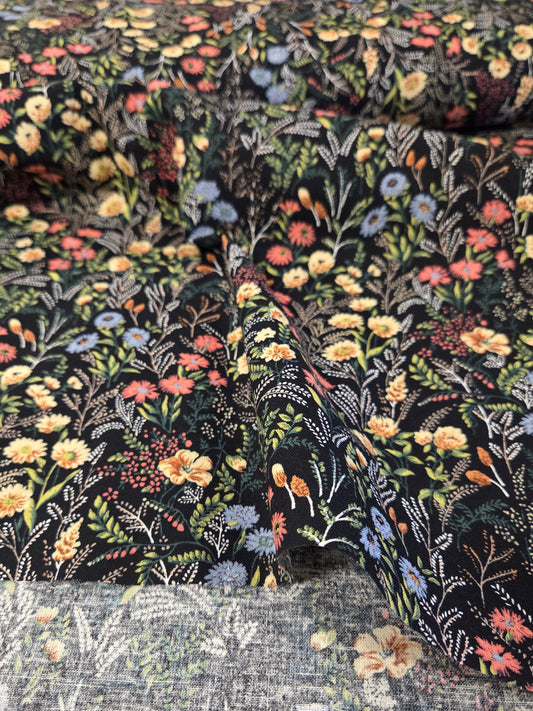 Japan Fabric: Cotton Linen Meadow Floral Dark Navy and Coral Woven- by the yard