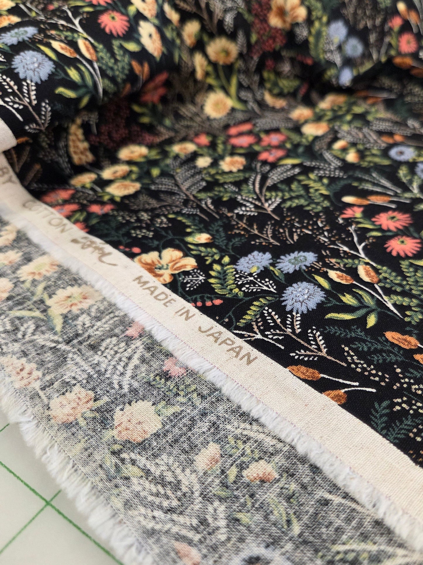 Japan Fabric: Cotton Linen Meadow Floral Dark Navy and Coral Woven- by the yard