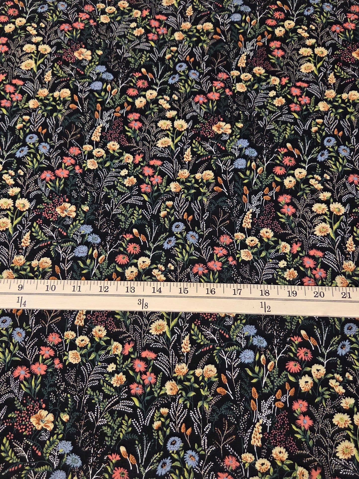 Japan Fabric: Cotton Linen Meadow Floral Dark Navy and Coral Woven- by the yard