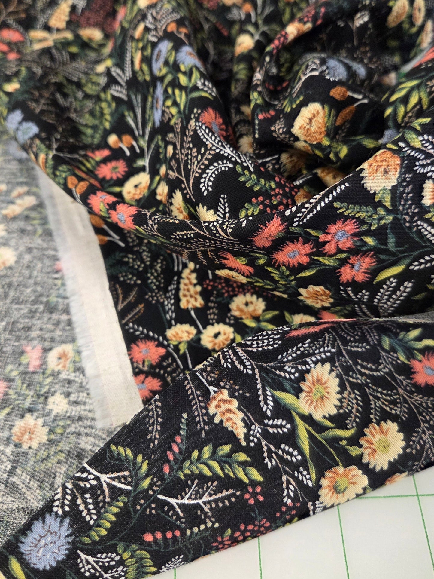 Japan Fabric: Cotton Linen Meadow Floral Dark Navy and Coral Woven- by the yard